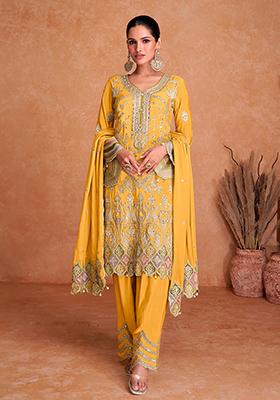 Yellow Embroidered Chinnon Anarkali set