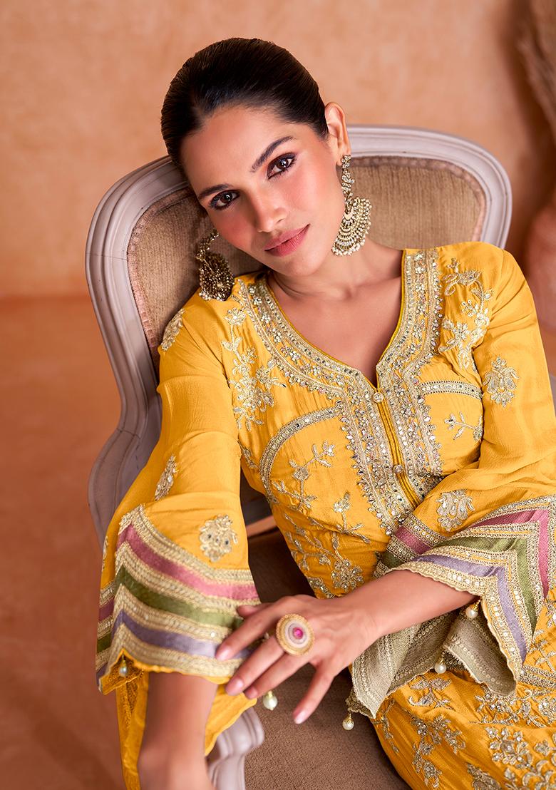 Yellow Embroidered Chinnon Anarkali set