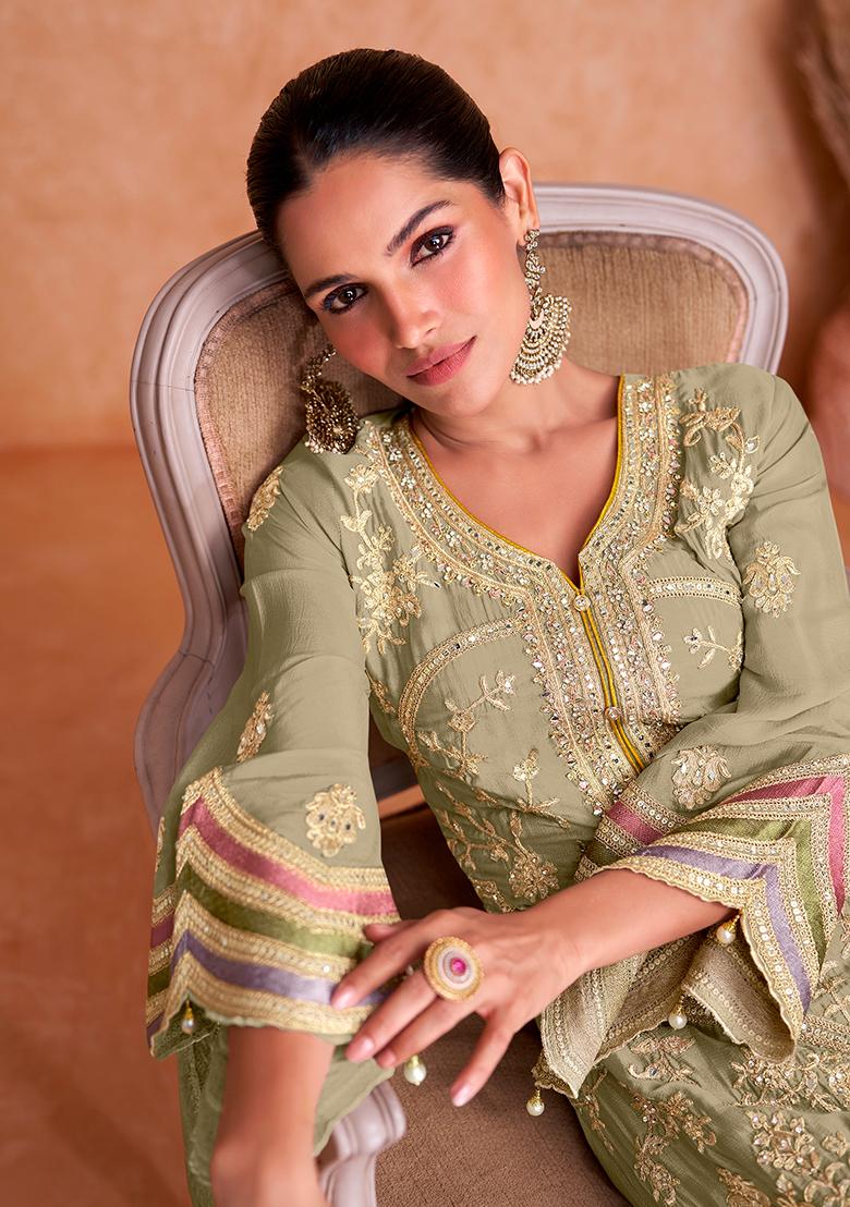 Green Embroidered Chinnon Anarkali set