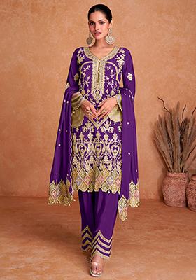 Purple Embroidered Chinnon Anarkali set