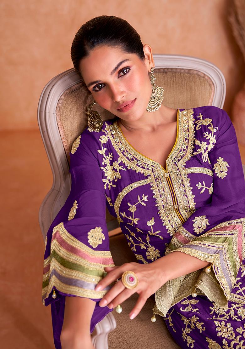 Purple Embroidered Chinnon Anarkali set