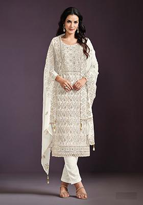 Cream Embroidered Chinnon Salwar Kameez
