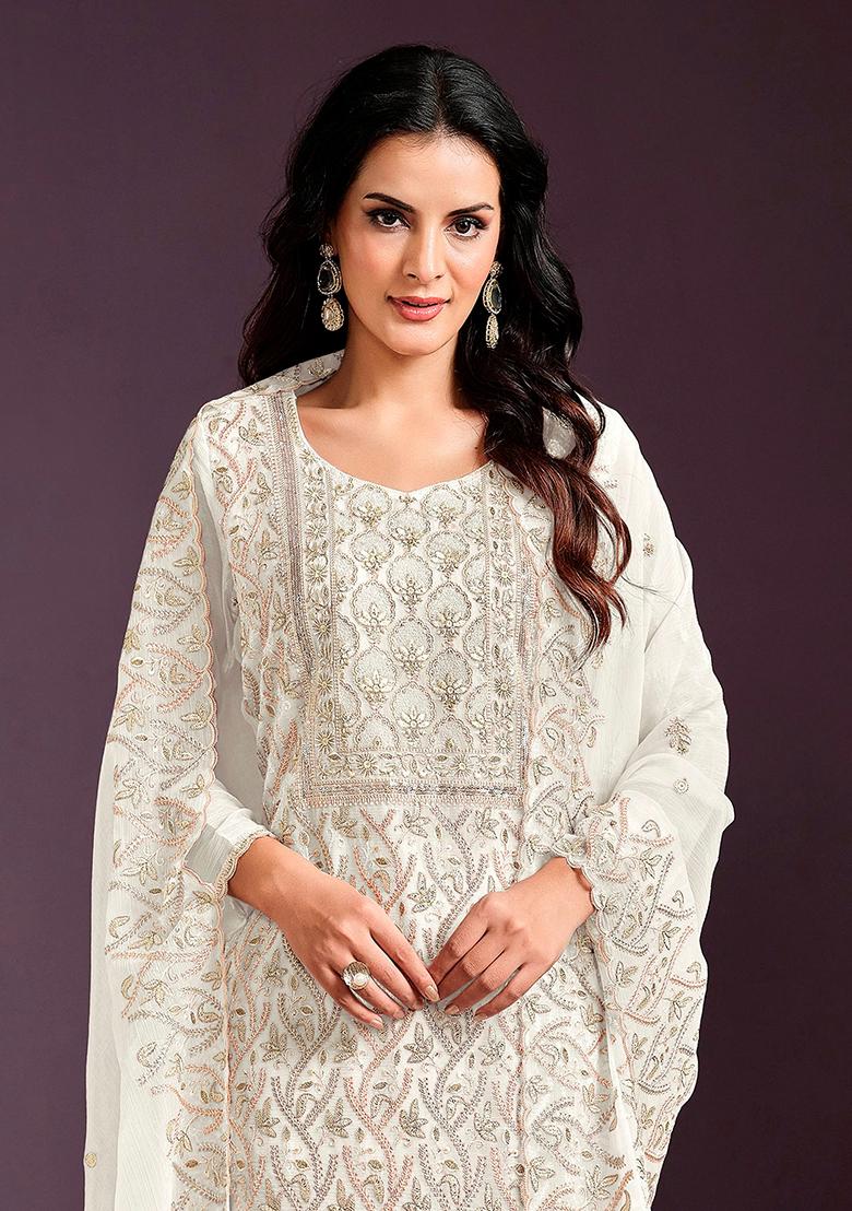 Cream Embroidered Chinnon Salwar Kameez
