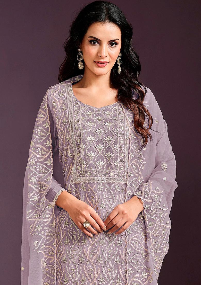Purple Embroidered Chinnon Salwar Kameez