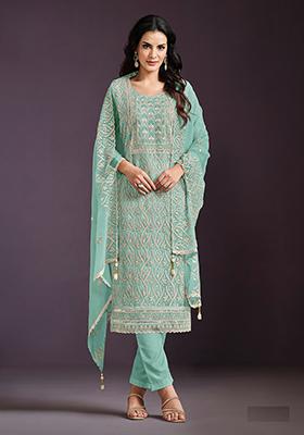 Green Embroidered Chinnon Salwar Kameez