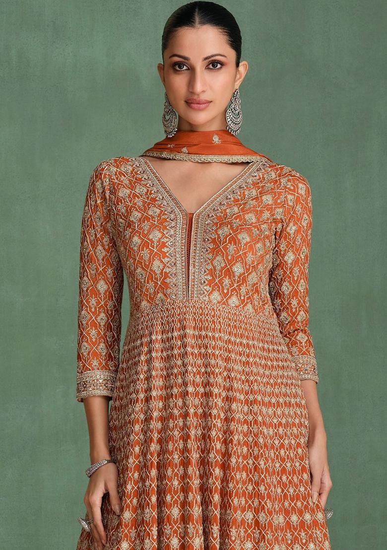 Coffee Brown Embroidered Georgette Anarkali set