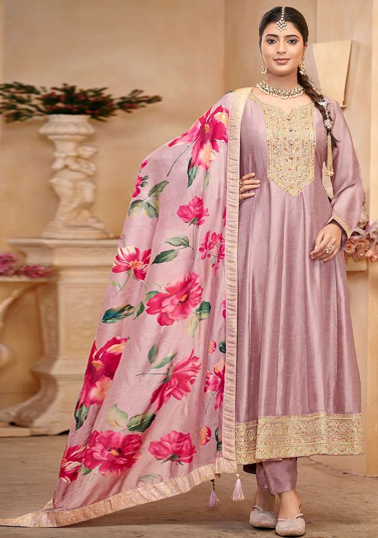 Purple Embroidered Chinnon Anarkali With Dupatta - Indya