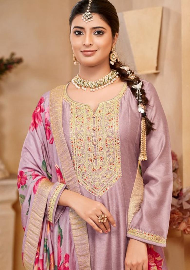 Purple Embroidered Chinnon Anarkali set