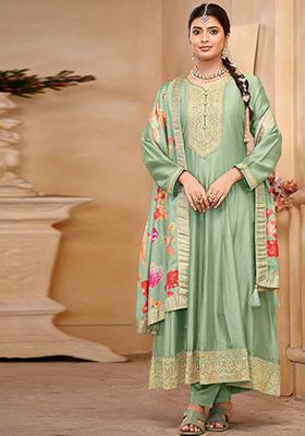 Green Embroidered Chinnon Anarkali set