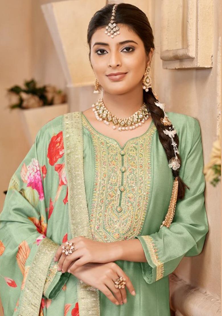 Green Embroidered Chinnon Anarkali set