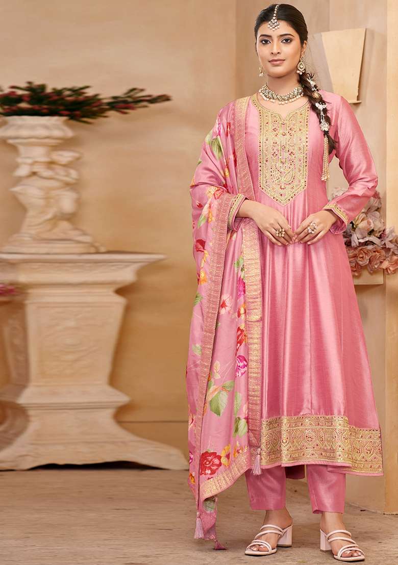 Pink Embroidered Chinnon Anarkali With Dupatta - Indya