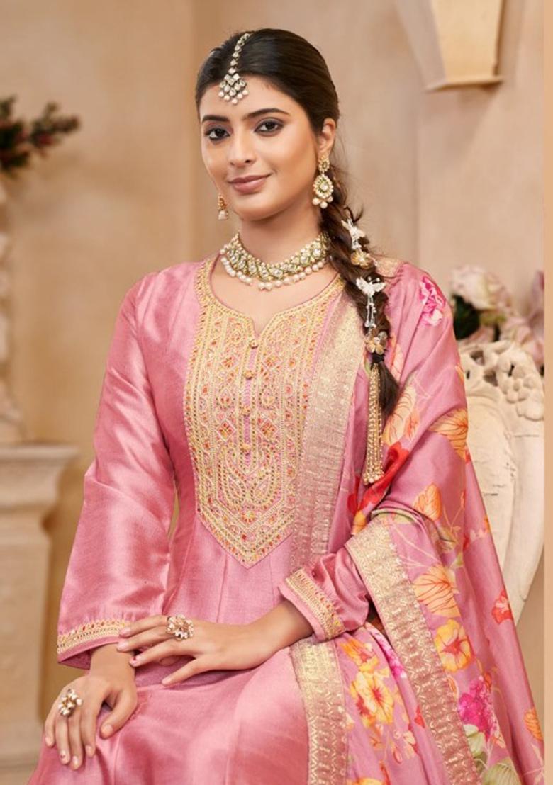 Pink Embroidered Chinnon Anarkali set
