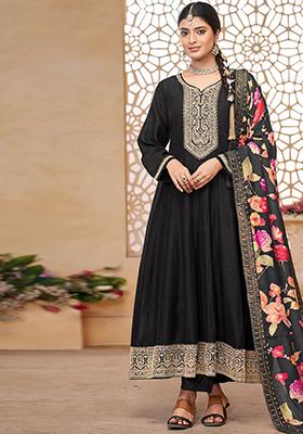 Black Embroidered Chinnon Anarkali set
