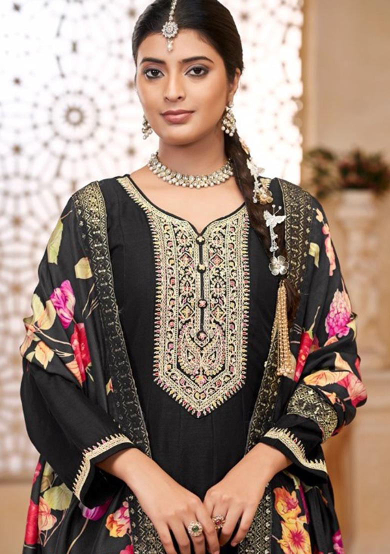 Black Embroidered Chinnon Anarkali set