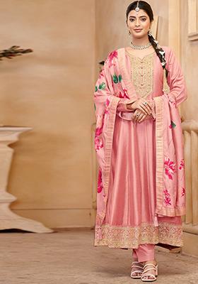 Peach Embroidered Chinnon Anarkali set