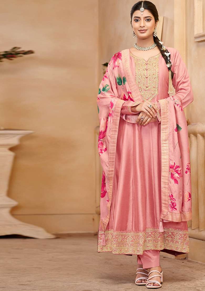 Peach Embroidered Chinnon Anarkali With Dupatta - Indya