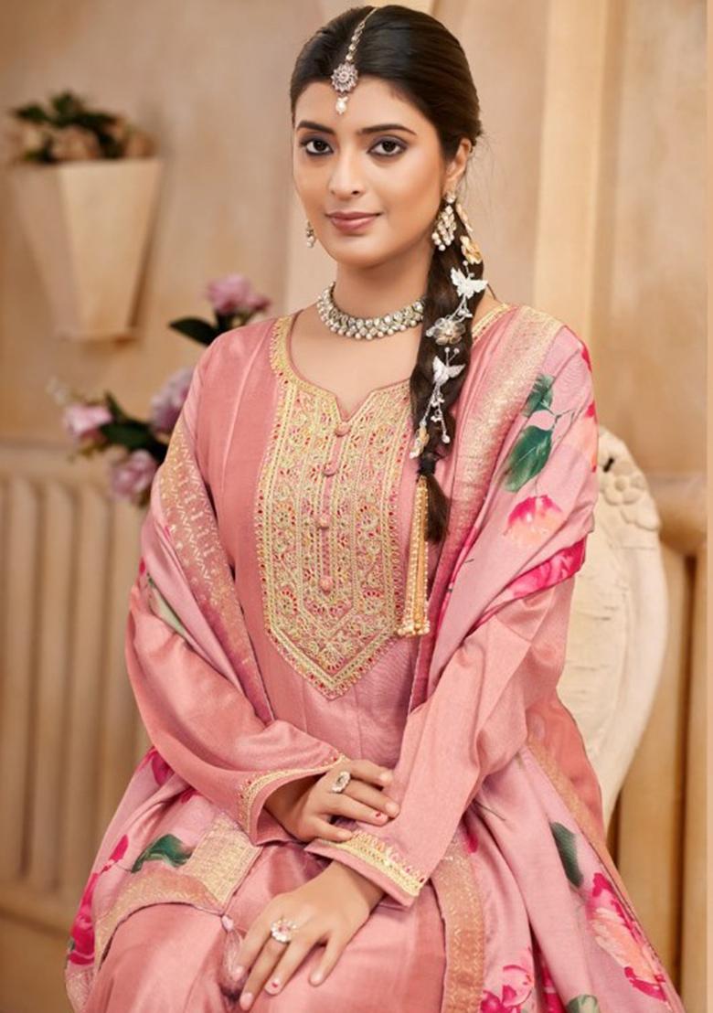 Peach Embroidered Chinnon Anarkali set