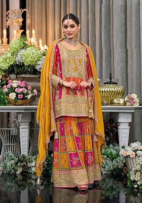 Orange Embroidered Chinnon Salwar Kameez