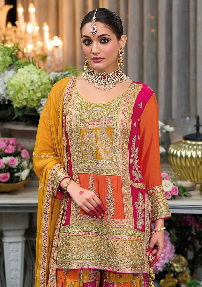 Orange Embroidered Chinnon Salwar Kameez