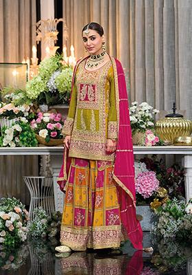 Green Embroidered Chinnon Salwar Kameez