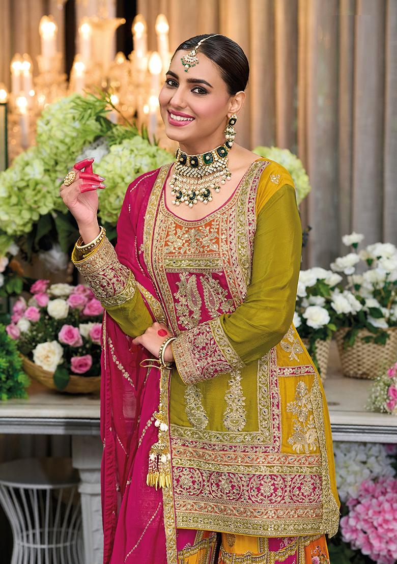 Green Embroidered Chinnon Salwar Kameez