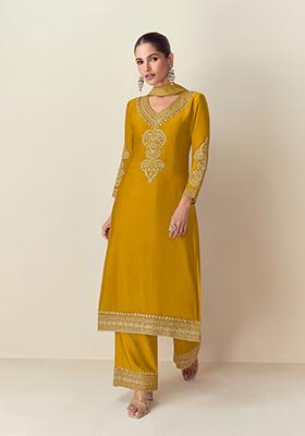 Yellow Embroidered Chinnon Salwar Kameez