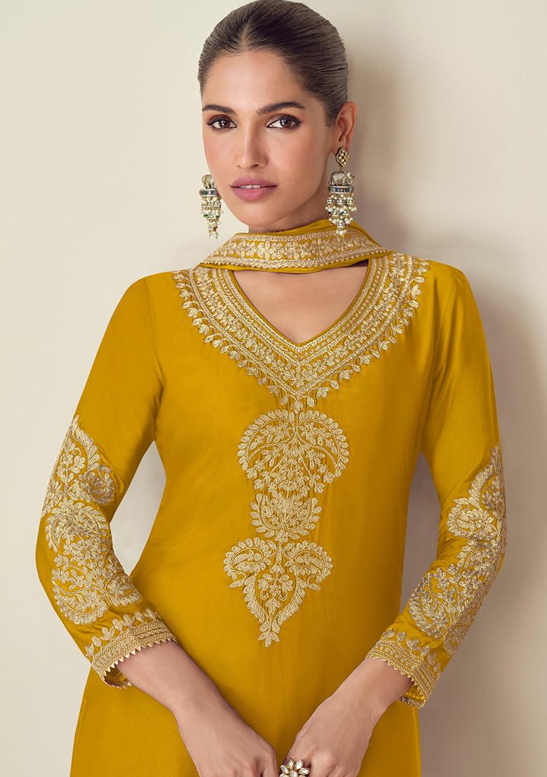 Yellow Embroidered Chinnon Salwar Kameez