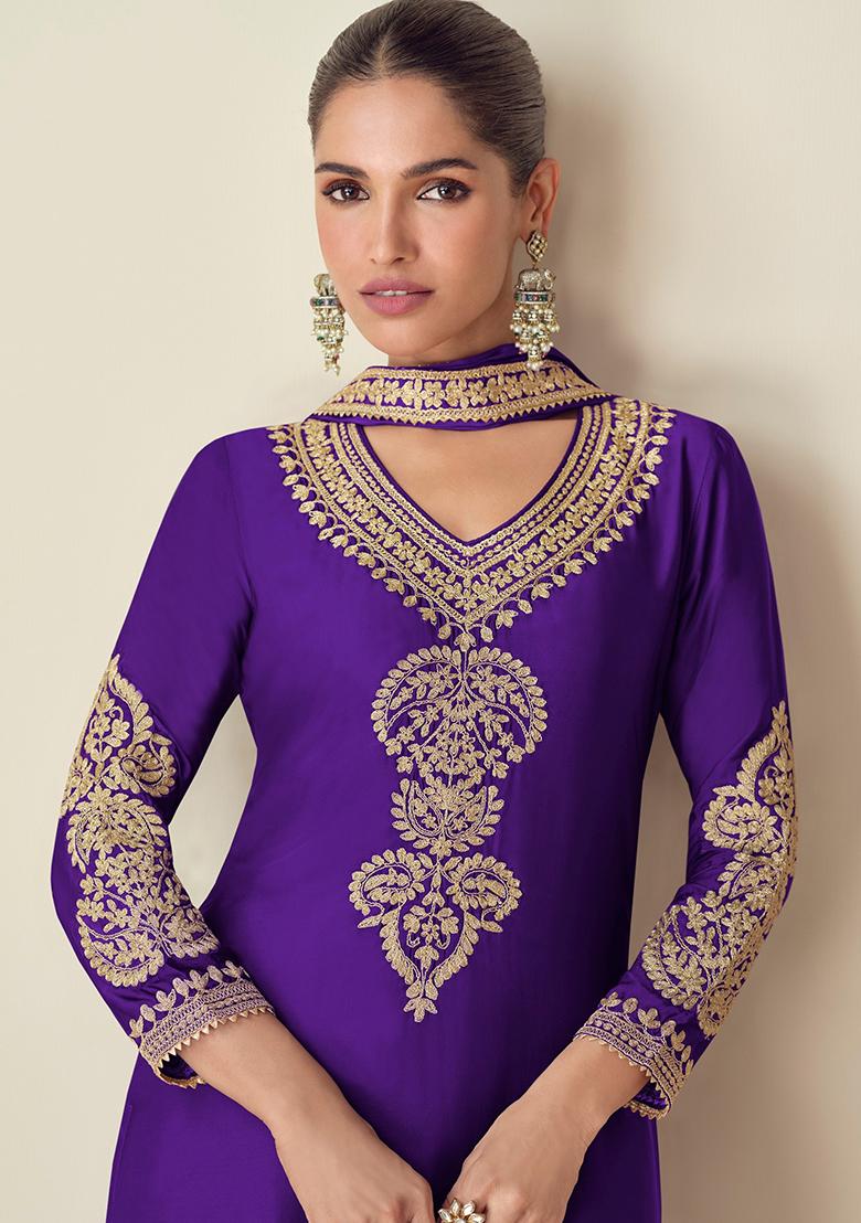 Violet Embroidered Chinnon Salwar Kameez