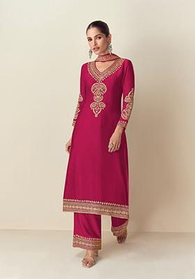 Red Embroidered Chinnon Salwar Kameez