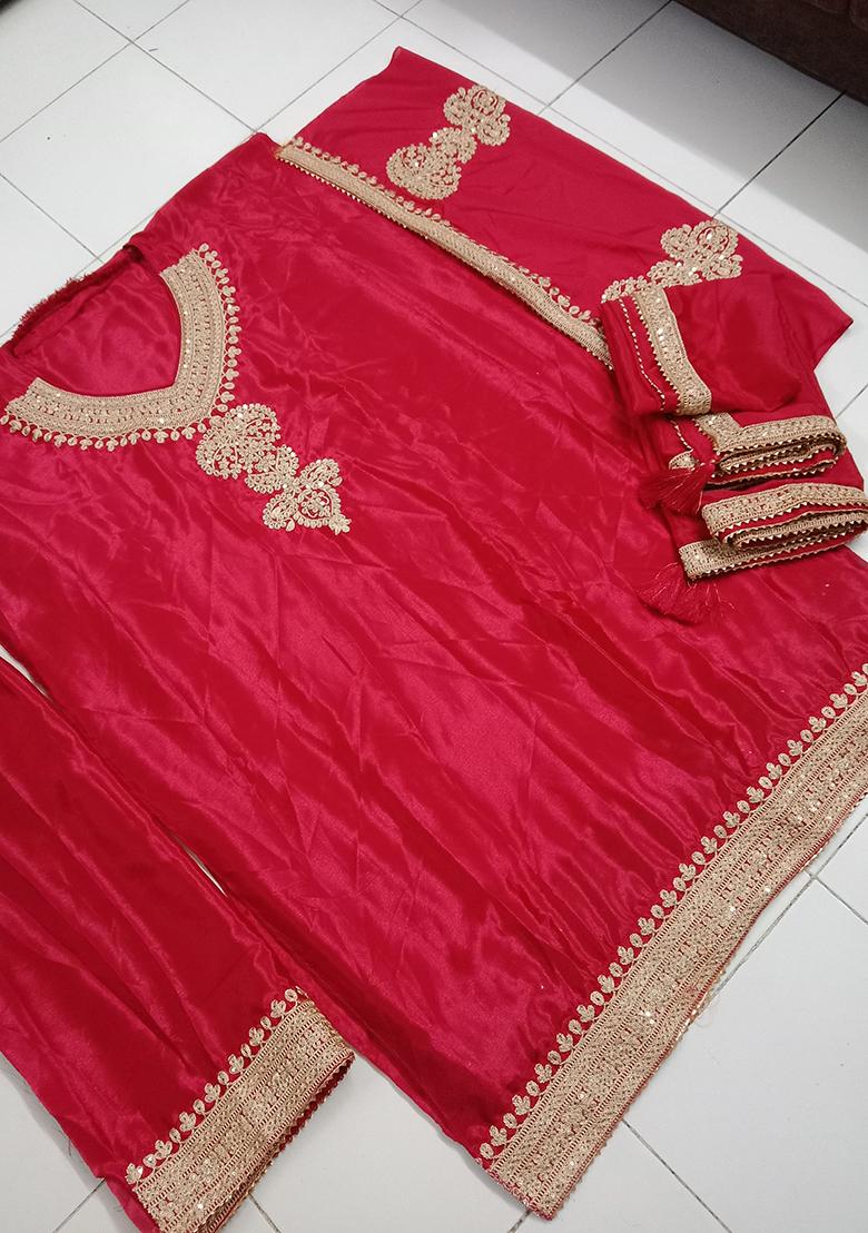Red Embroidered Chinnon Salwar Kameez