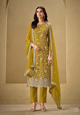 Lemon Yellow Embroidered Chinnon Salwar Kameez