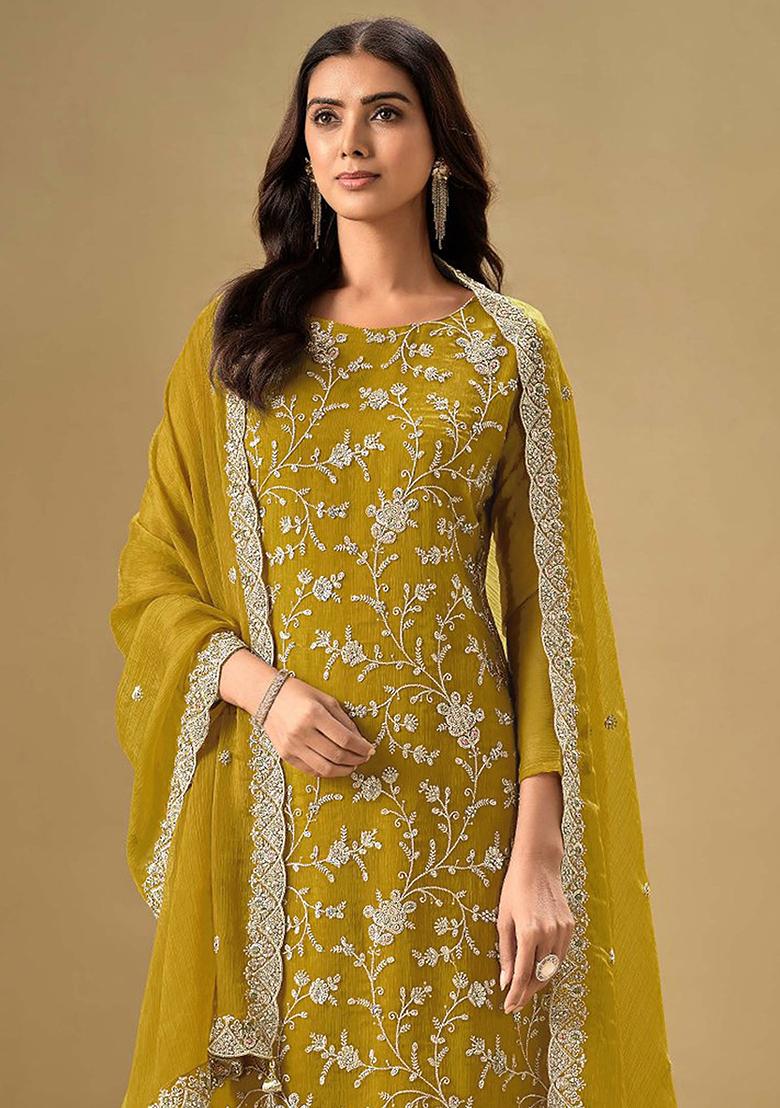 Lemon Yellow Embroidered Chinnon Salwar Kameez