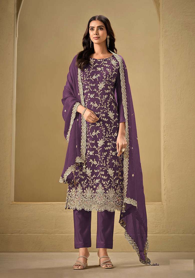 Wine Embroidered Chinon Pakistani Suit Set - Indya