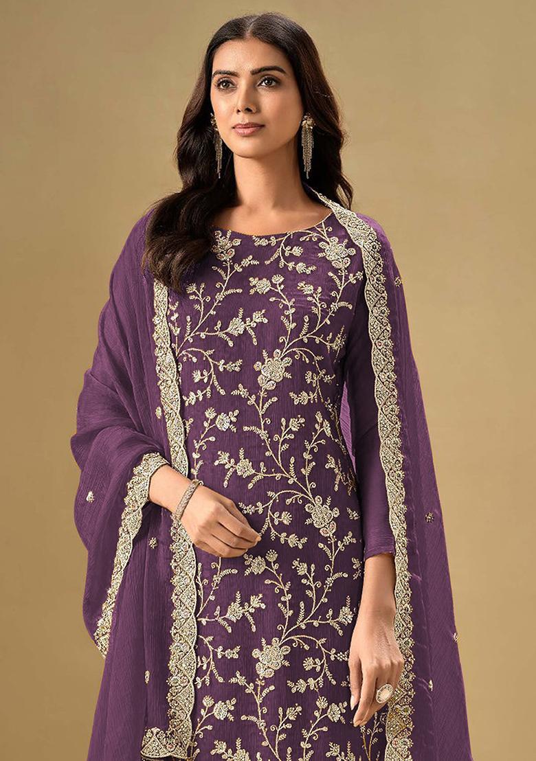 Wine Embroidered Chinnon Salwar Kameez