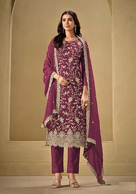 Rani Pink Embroidered Chinnon Salwar Kameez