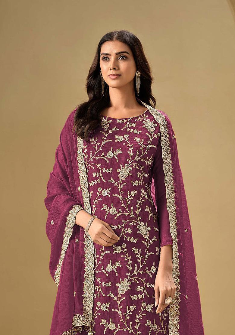 Rani Pink Embroidered Chinnon Salwar Kameez