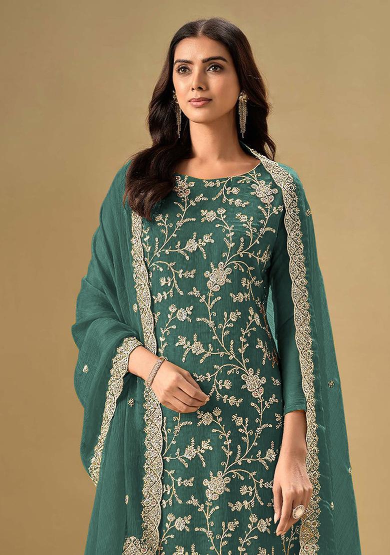 Mint Green Embroidered Chinnon Salwar Kameez