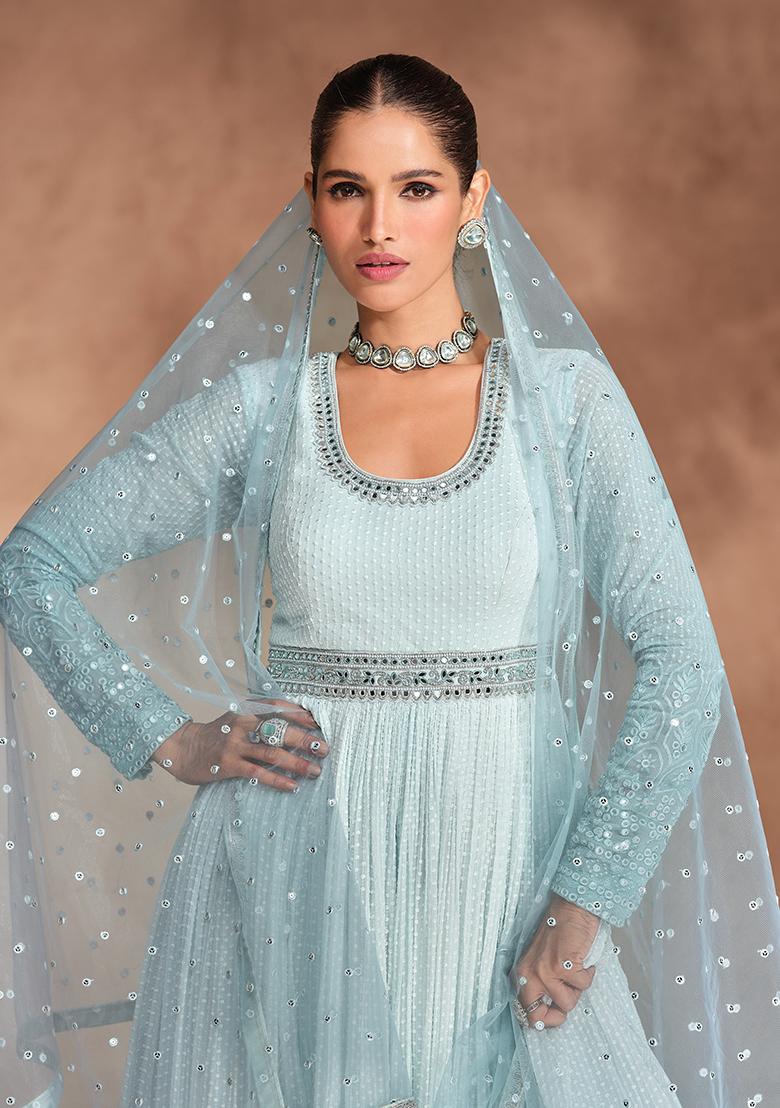 Sky Blue Embroidered Georgette Anarkali set