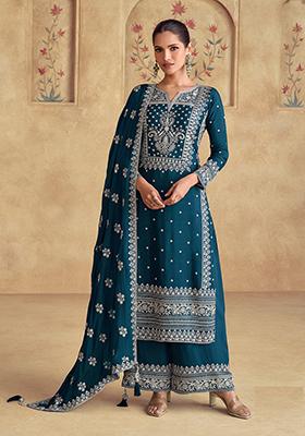 Teal Blue Embroidered Chinnon Salwar Kameez