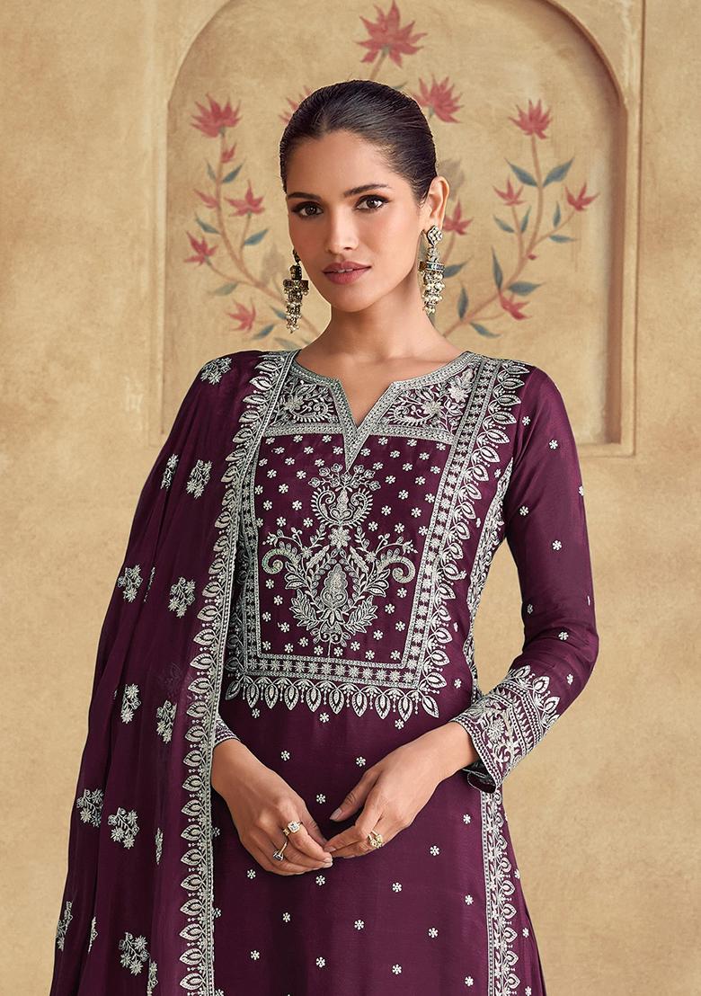 Wine Embroidered Chinnon Salwar Kameez