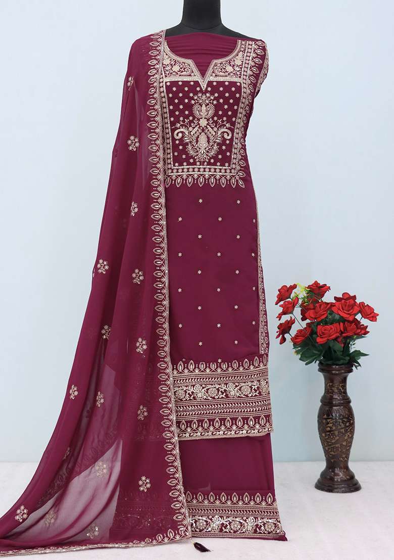Wine Embroidered Chinnon Salwar Kameez - Indya