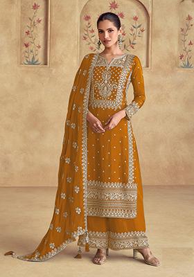 Mustard Yellow Embroidered Chinnon Salwar Kameez
