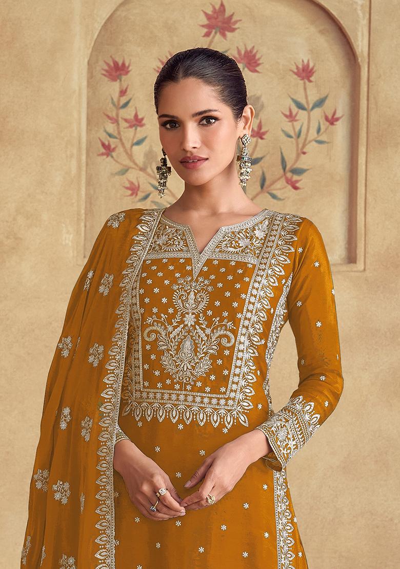 Mustard Yellow Embroidered Chinnon Salwar Kameez