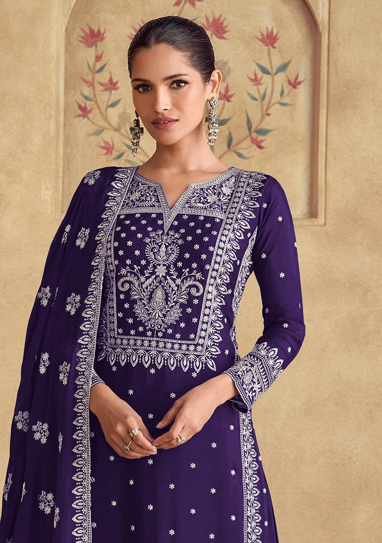 Violet Embroidered Chinnon Salwar Kameez