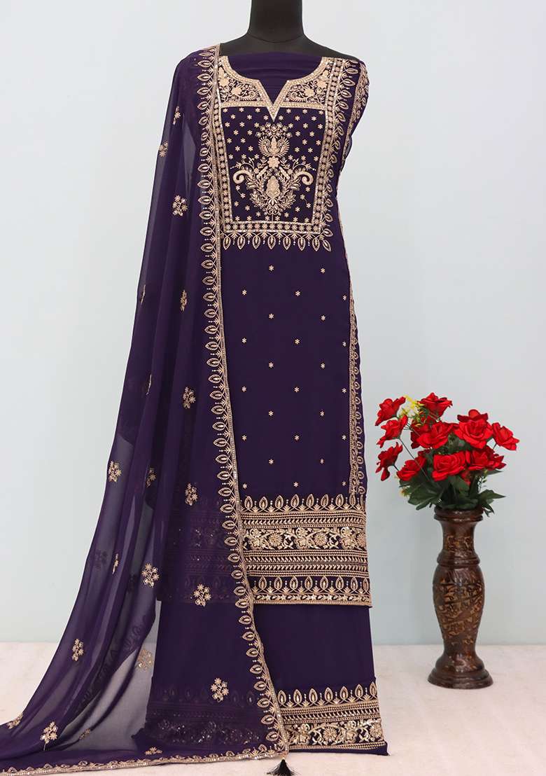 Violet Embroidered Chinon Straight Kurta Set - Indya