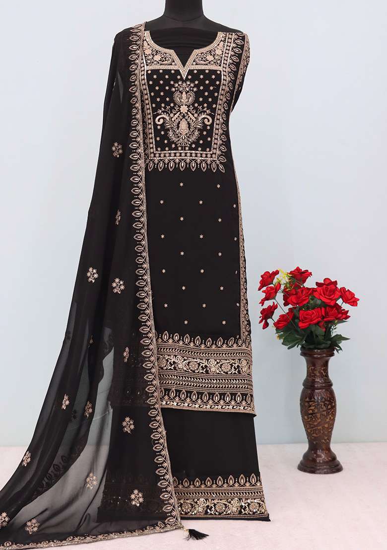 Black Embroidered Chinon Pakistani Suit Set - Indya