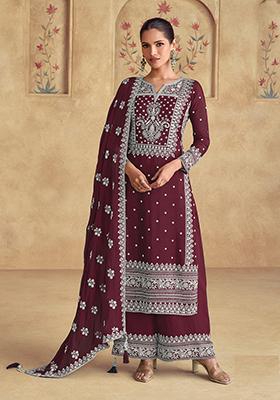 Brown Embroidered Chinnon Salwar Kameez