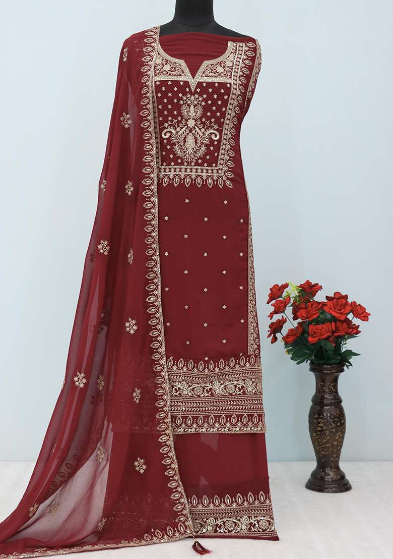 Brown Embroidered Chinon Pakistani Suit Set - Indya