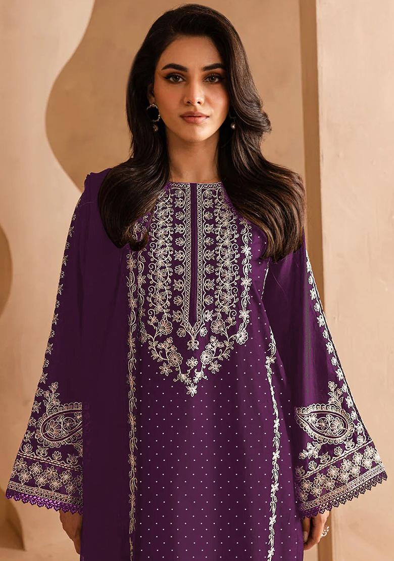 Purple Embroidered Chinnon Salwar Kameez