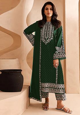 Green Embroidered Chinnon Salwar Kameez
